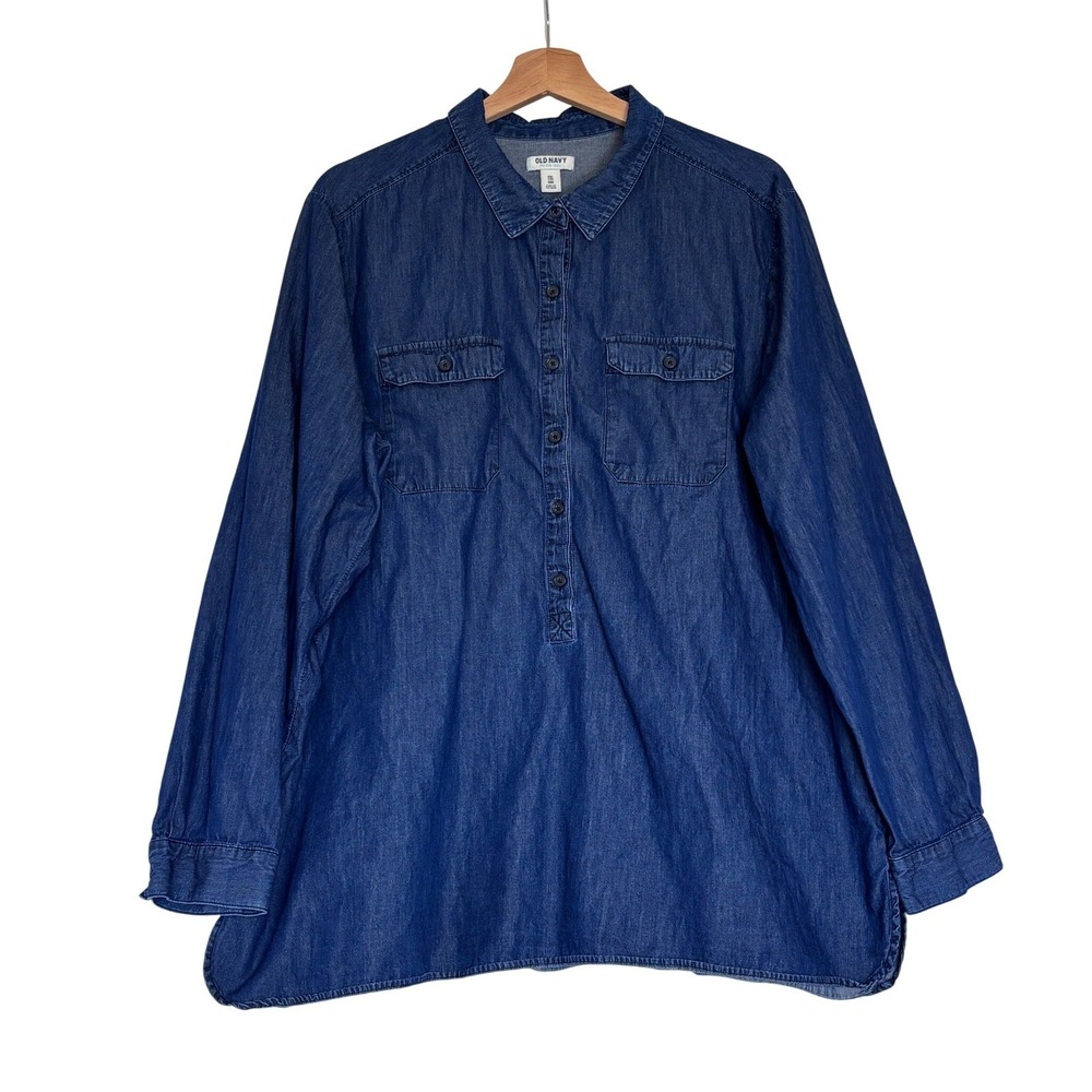 Old Navy Womens XXL Dark Wash Denim Tunic Long Sleeve Button Front Chambray Top